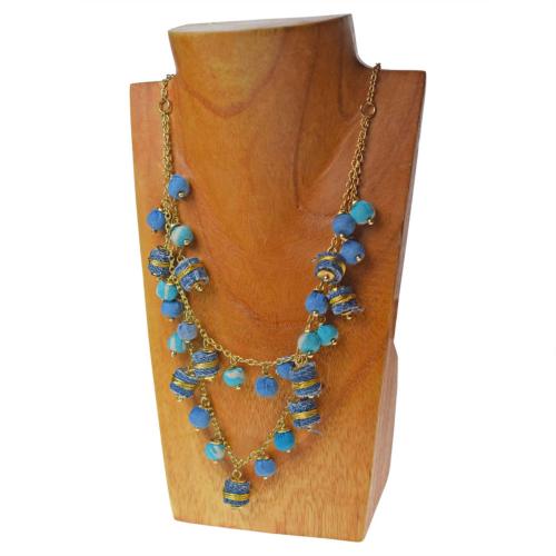 Necklace recycled denim jeans, multi cloth beads round & rolls