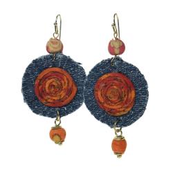 Earrings recycled denim jeans, circle with inner coil 2 cloth beads