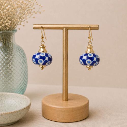 Earrings Glass Blue Circle Pattern