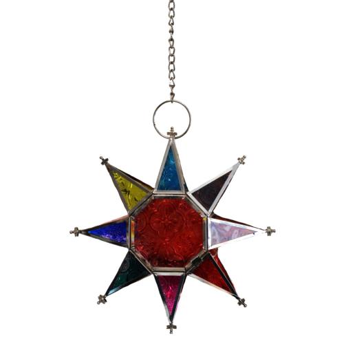 Lantern Tea Light Holder Hanging Star Recycled Glass, Red Centre 20cm