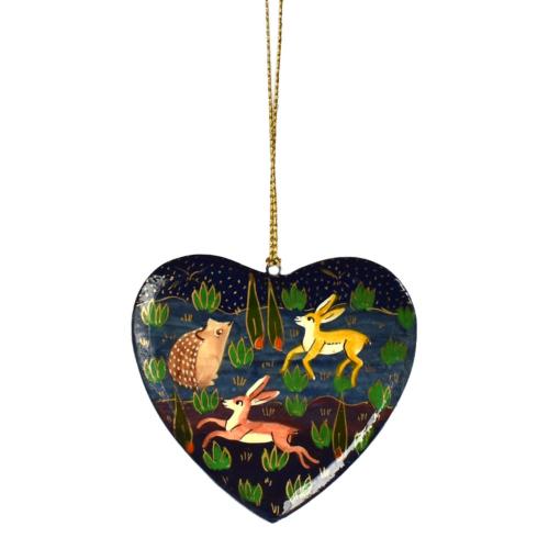 Hanging decoration, woodland animals on heart, papier mâché 10cm