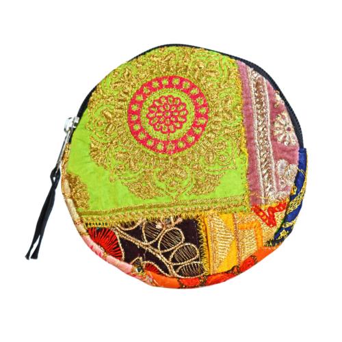 Round Coin Purse, Recycled Patchwork Saris, assorted colours 12cm
