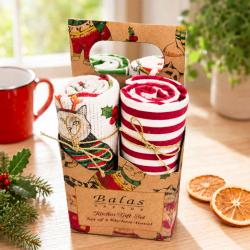 4 Christmas Tea Towels In Carrier Box Recycled Cotton