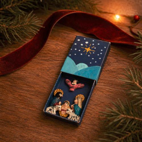 Mini Traditional Ceramic Matchbox Nativity Blue