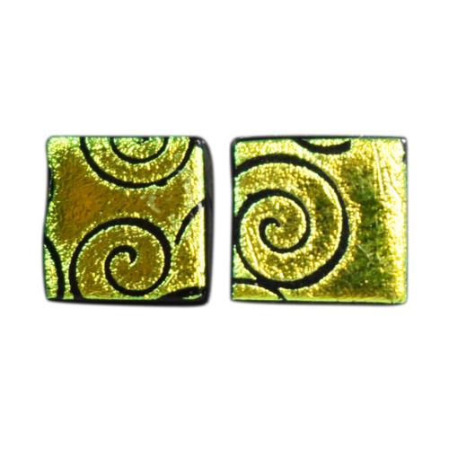 Ear studs, glass ‘Allegra Aros Dichroic’ square green spirals 0.7 x 0.7cms