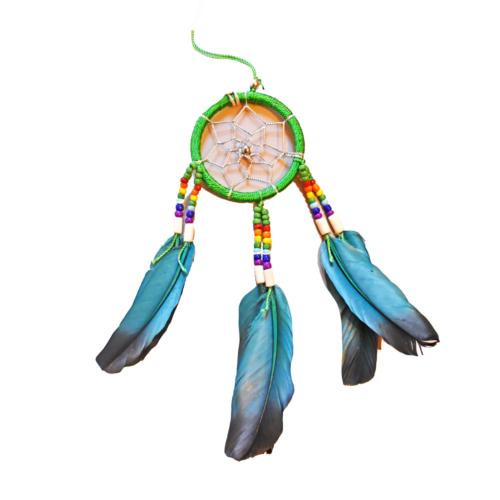 Dreamcatcher Multicoloured Beads Green Feathers 6cm diameter