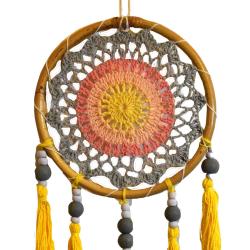 Dreamcatcher on bamboo frame, yellow tassels, blue pink yellow inner, diameter 17cm