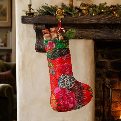 Recycled Kantha Christmas Stocking Assorted Festive Colours