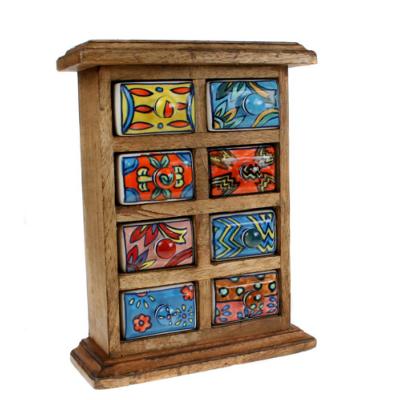 Wooden mini chest, 8 ceramic drawers