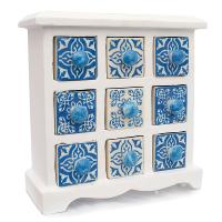 Wooden mini chest blue & white, 9 ceramic drawers