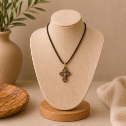 Pendant olive wood, cross with Mother of Pearl, 2.25 x 3cm