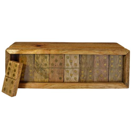 Dominoes Set in Box Hinged Lid Hand Carved Eco Mango Wood 20x5.5x6.75cm