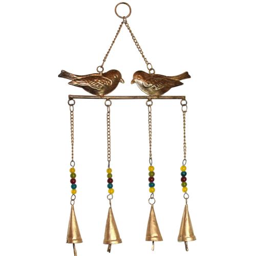 Hanging windchime 2 birds above 4 bells on chains recycled brass indoor/outdoor
