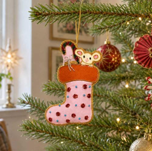 Hanging Decoration Embroidered Mouse in Christmas Stocking