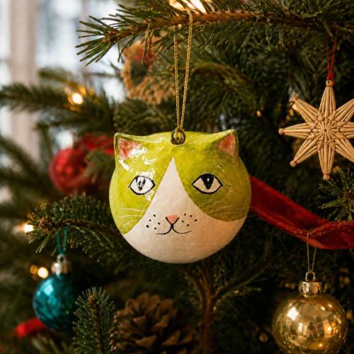 Cat Hanging Decoration Papier Mâché Green 5cm