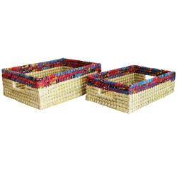Set of 2 rectangular grass baskets, natural + multicoloured