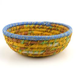 Round basket, recycled sari material yellow 26x9cm