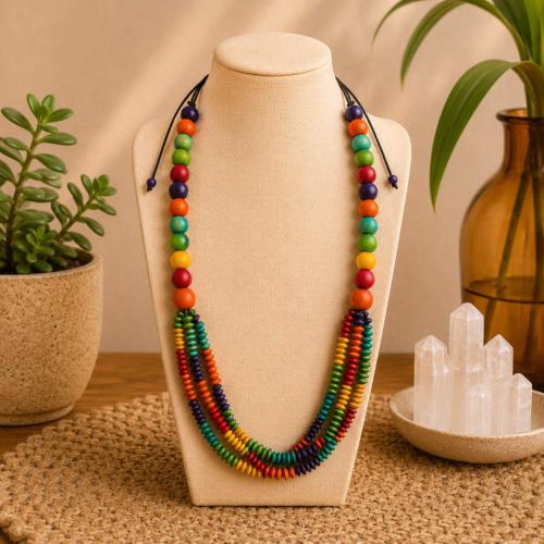 Necklace Handpainted Wooden Multicolour 3-tier Tiny Beads