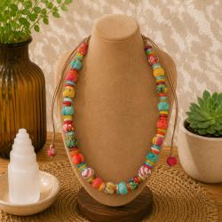 Necklace Recycled Multicoloured Beads on Cord 19cm