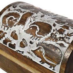 Jewellery/Trinket trunk box, Mango wood, mushroom and hedgehog design