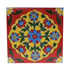 Single square ceramic coaster floral blue on red 10cm
