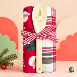 2 Christmas Tea Towels + Wooden Spoon Recycled Cotton