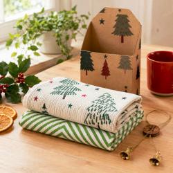2 Christmas Tea Towels Gift Set Green Recycled Cotton