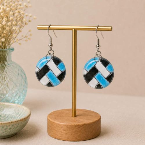 Earrings Recycled Glass Round Check Pattern 2cm diameter