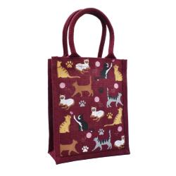 Jute shopping bag, small, Cats burgundy 20x25cm