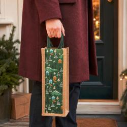 Jute Bottle Gift Bag, Winter Scene 10x36cm
