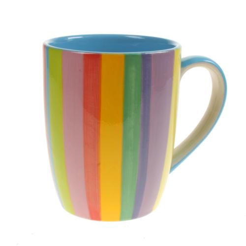 Mug rainbow vertical stripes blue inner ceramic hand painted