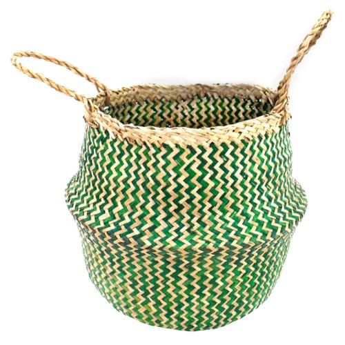 Woven seagrass basket, natural & green 35cm