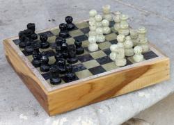 Luxury wooden chess set soapstone pieces hand carved Fair Trade 20x20cm