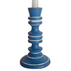 Candlestick/holder hand carved eco-friendly mango wood blue 18.5cm height