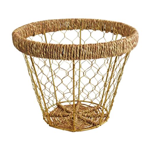 Basket / waste paper holder bin, gold coloured metal + moonj grass 26 x 22cm