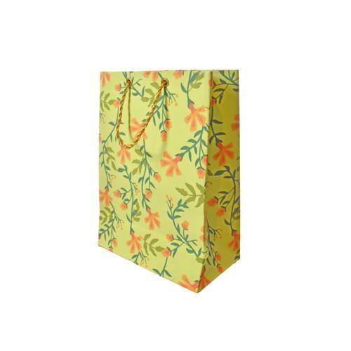 Gift Bag Handmade Paper Floral Design on Lime 13 x 18 x 7cm