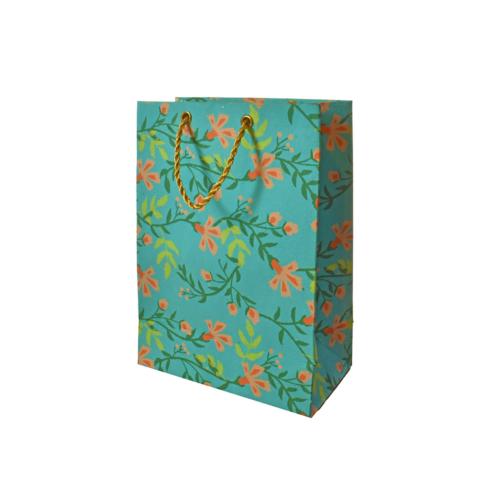 Gift Bag Handmade Paper Floral Design on Teal 13 x 18 x 7cm