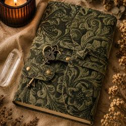 Notebook with Key Leather Floral Embossed Green 13 x 18cm