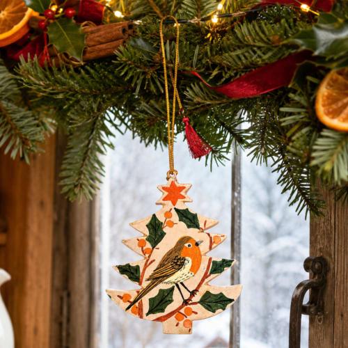 Hanging Tree Shape Decoration Papier Mâché Robin Design 8cm