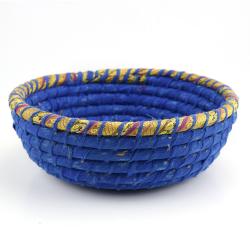 Round basket, recycled sari material blue 26x9cm