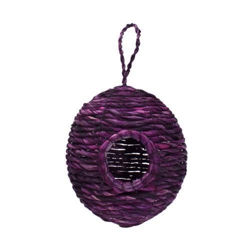 Bird house, woven banana fibre on wire frame, oval, red/purple