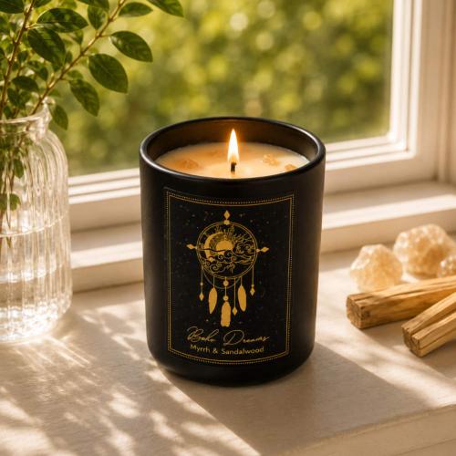 Candle with Gemstone Esoteric Boho Dreams, Myrrh and Sandalwood 120g