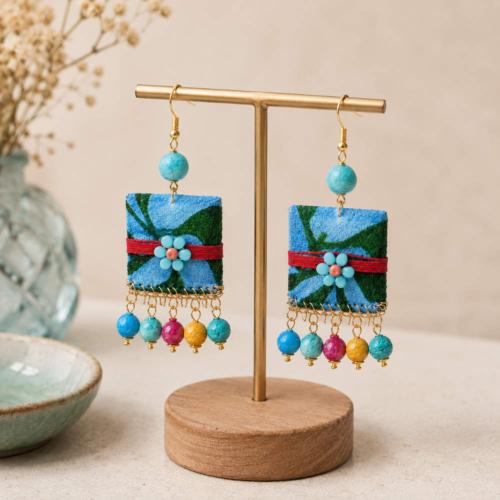 Earrings Square with 5 Drop Recycled Beads