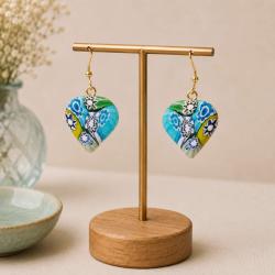 Earrings with Multicoloured Glass Heart 3 x 3cm