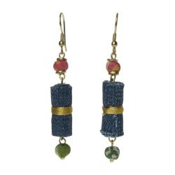 Earrings recycled denim jeans, roll and cloth beads