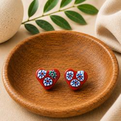 Ear studs, glass heart shaped beads, red and white 1.3 x 1.3cm