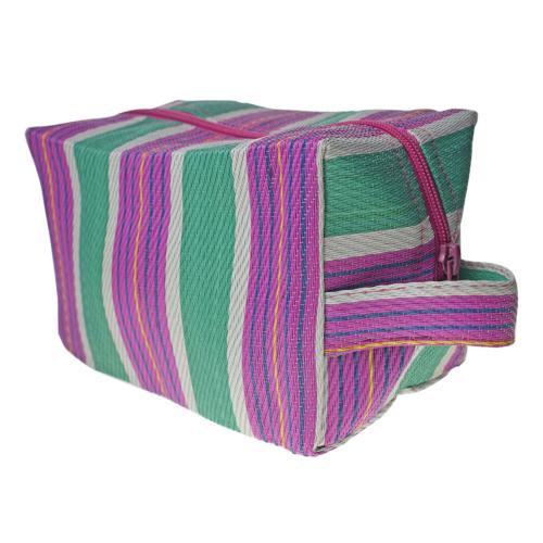 Toiletries/wash bag recycled plastic cement bags, green pink stripes 22x12x11cm