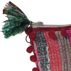 Rag chindi pouch purse with pompom recycled sari multicoloured 20x13cm