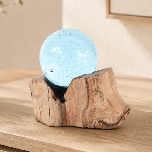 Recycled Blue Glass Ball on Wood
