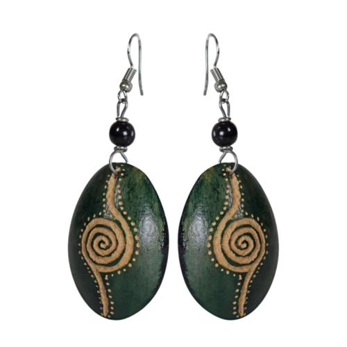 Earrings, cow bone oval shape, green 4 (L) x 3 (W) cm